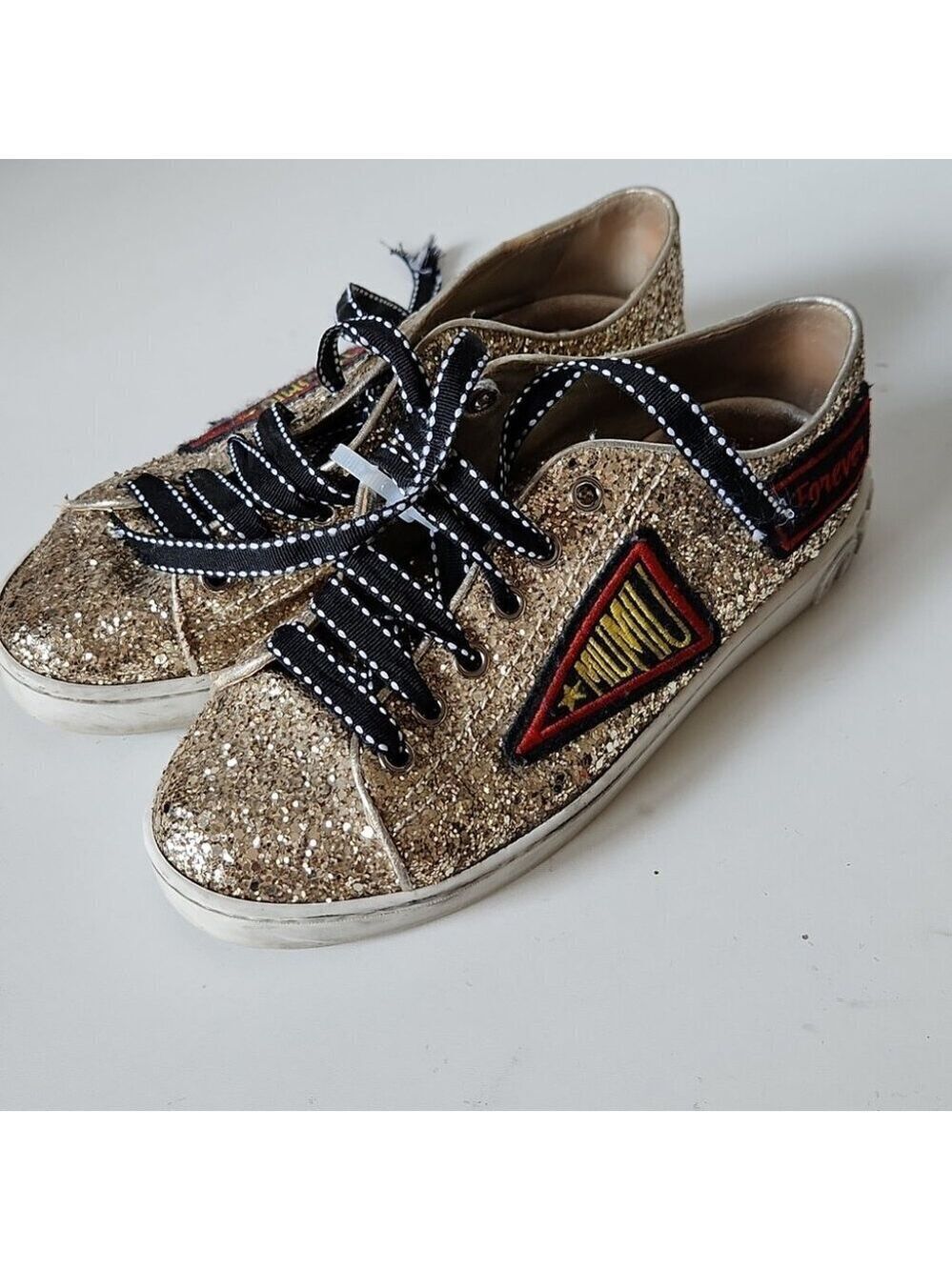 MIU MIU | Glitter Sneakers with Patches, Gold Size 35 MSRP: $650.00